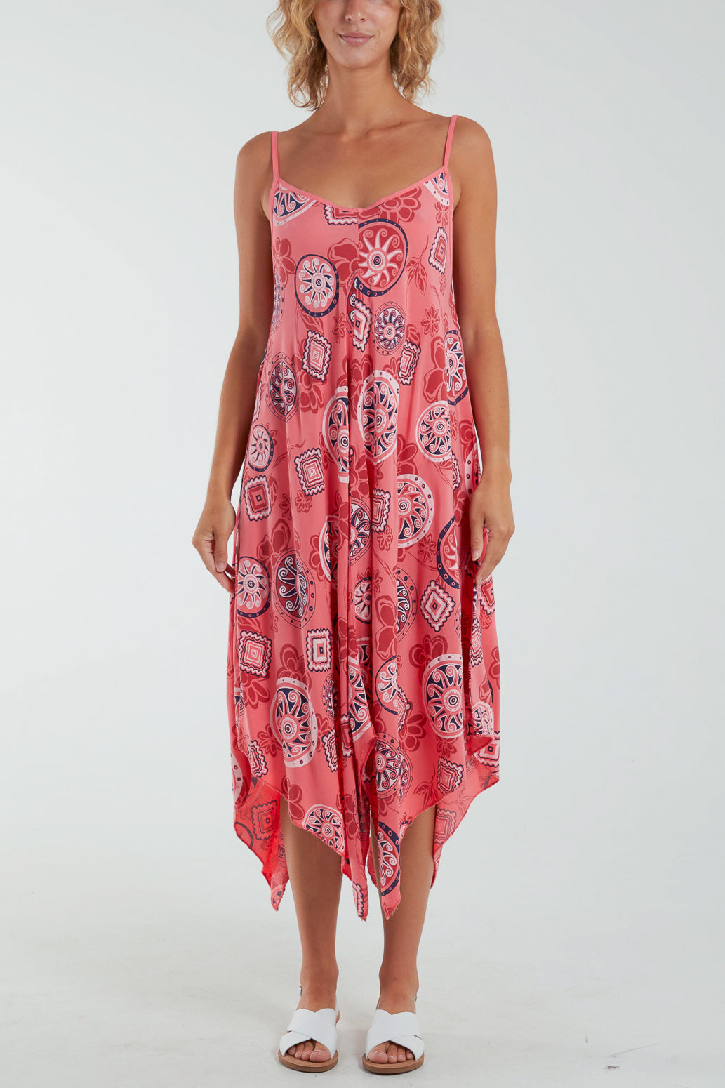 Geometric Tribal Hanky Hem Cami Dress Dresses WearAll Coral One Size