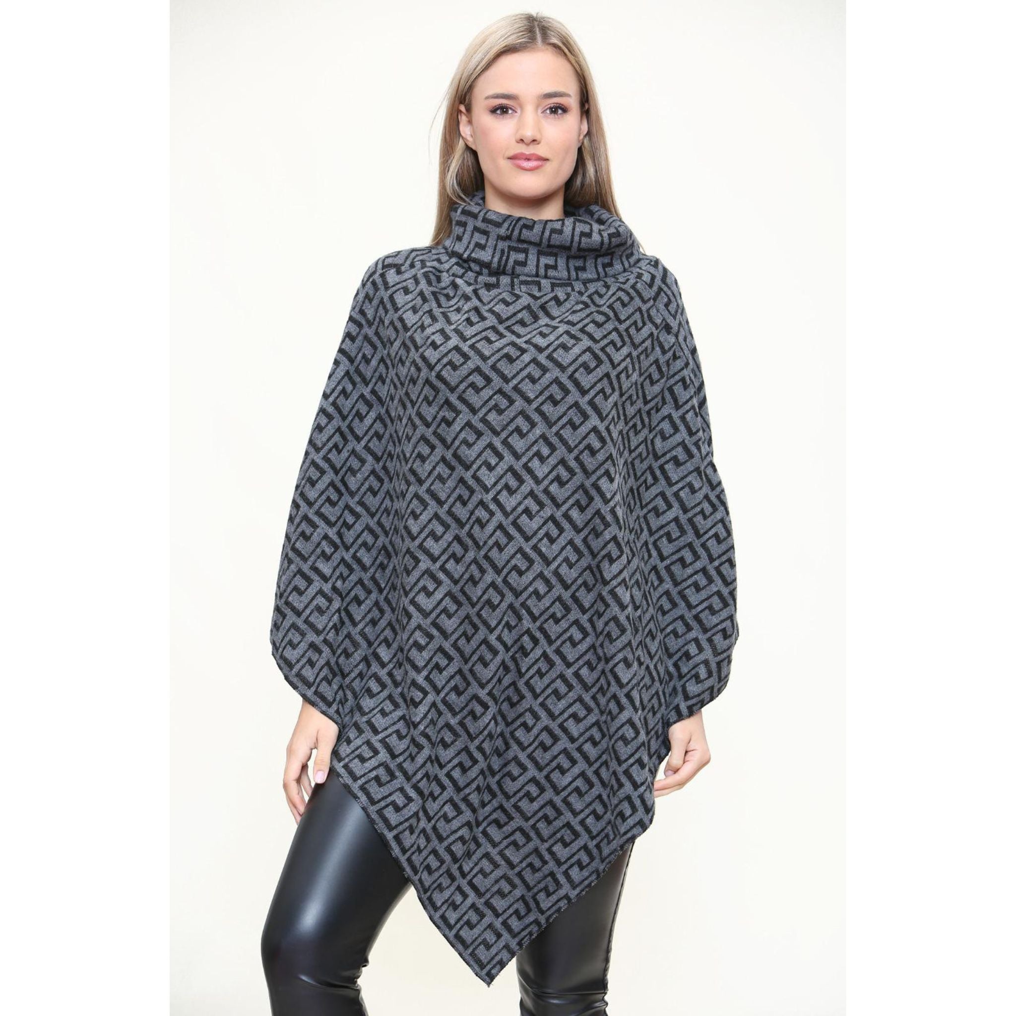 Italian High Neck Poncho Knit Shawl Sweater WearAll Dark Grey 14-22