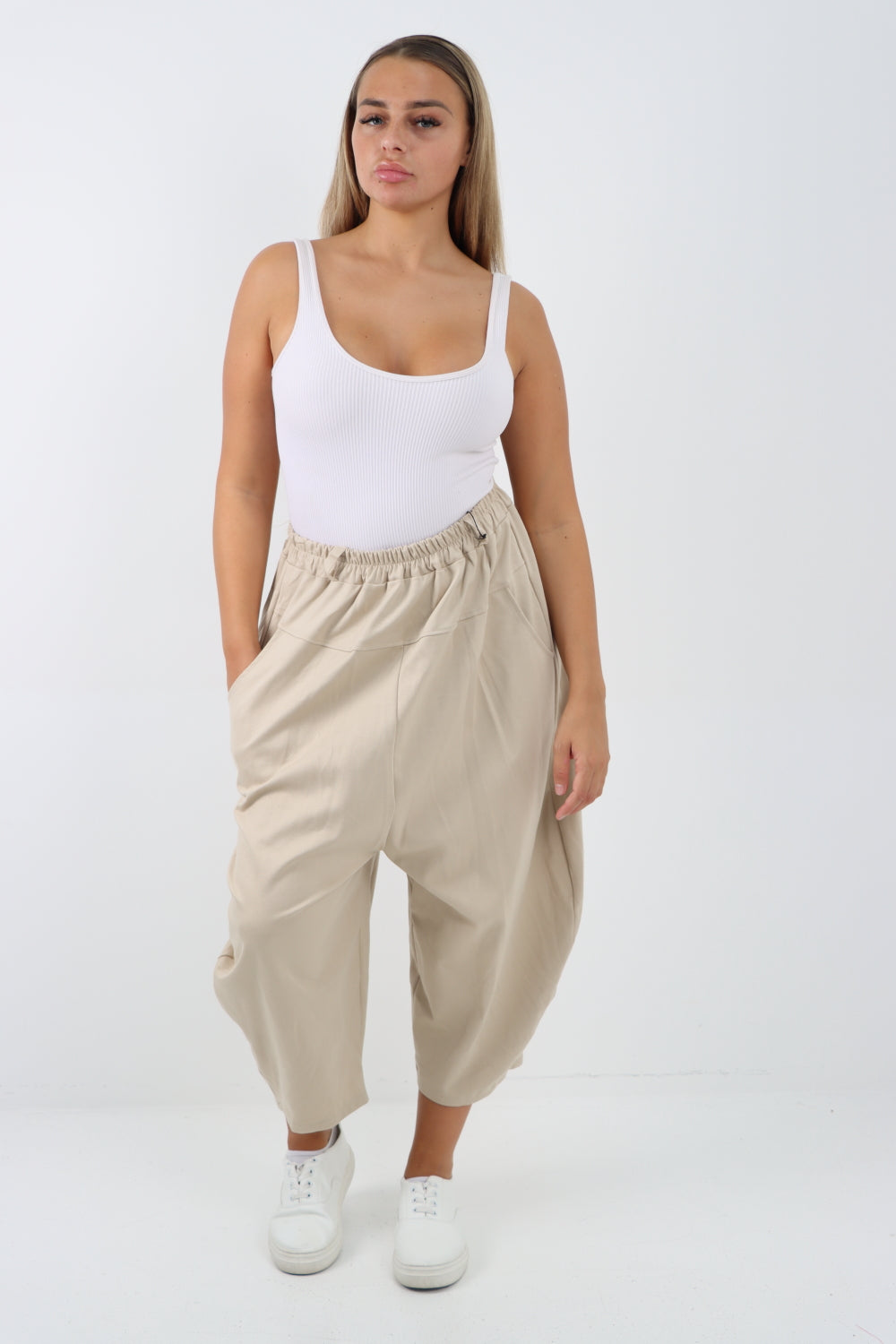 Italian Wide Leg Baggy Parachute Palazzo Trouser Trousers WearAll Beige 8-16