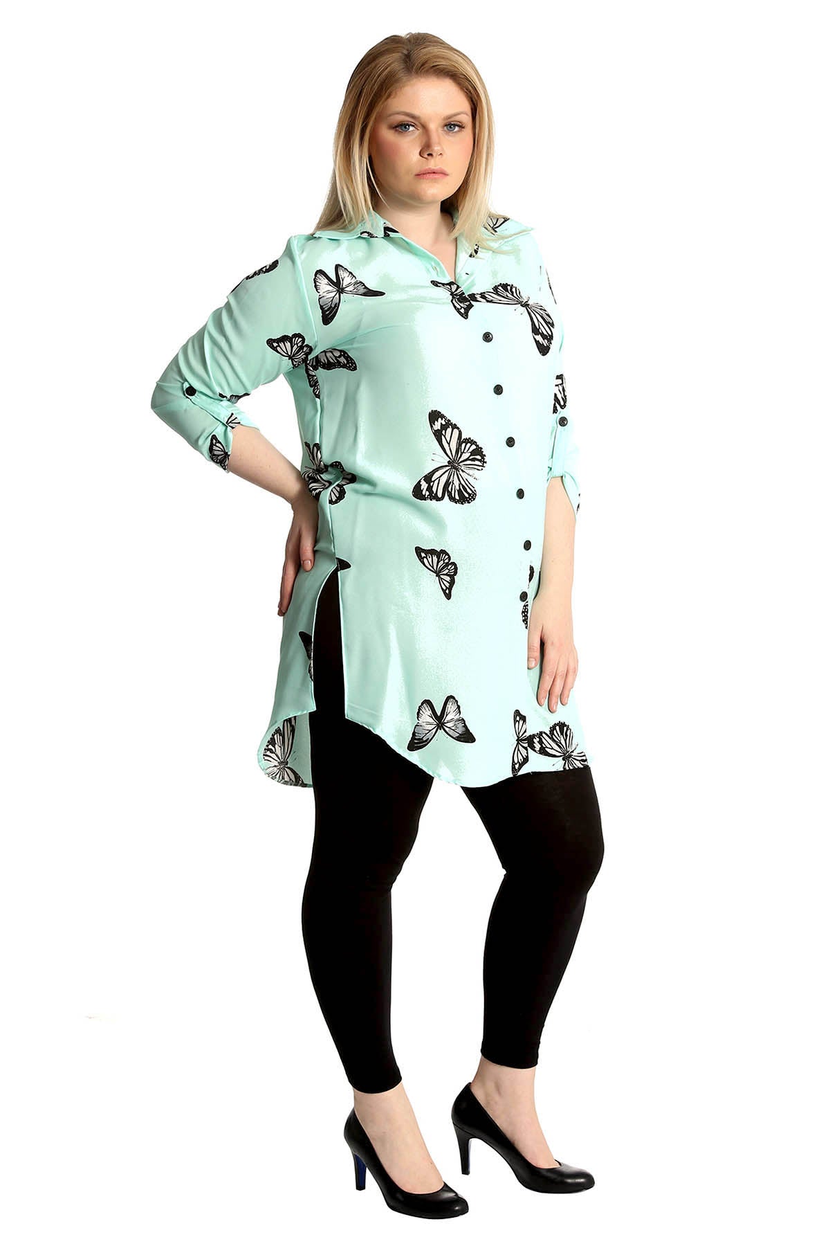 Butterfly Print Side Slit Curved Hem Top Tops WearAll