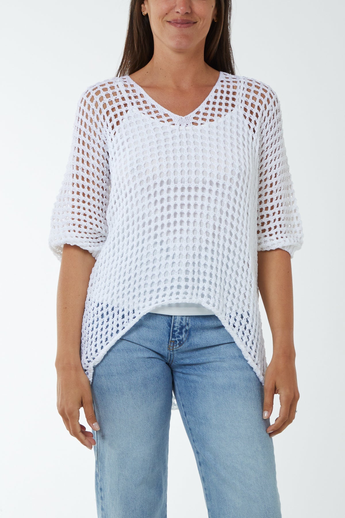 Round Neck Short Sleeve Crochet Top Tops WearAll White One Size