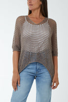 Round Neck Short Sleeve Crochet Top Tops WearAll Mocha One Size