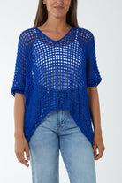 Round Neck Short Sleeve Crochet Top Tops WearAll Royal Blue One Size