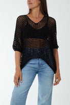 Round Neck Short Sleeve Crochet Top Tops WearAll Black One Size