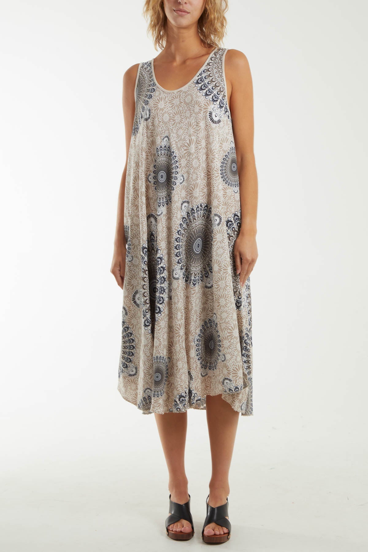 Mandala Relaxed Fit Sleeveless Midi Dress Dresses WearAll Stone One Size