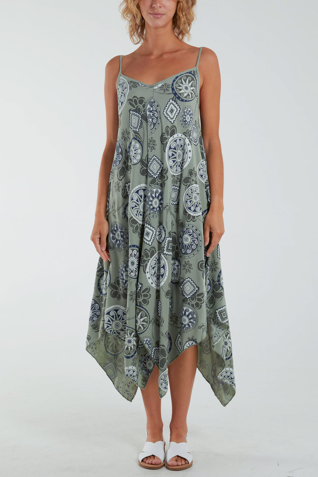 Geometric Tribal Hanky Hem Cami Dress Dresses WearAll Khaki One Size