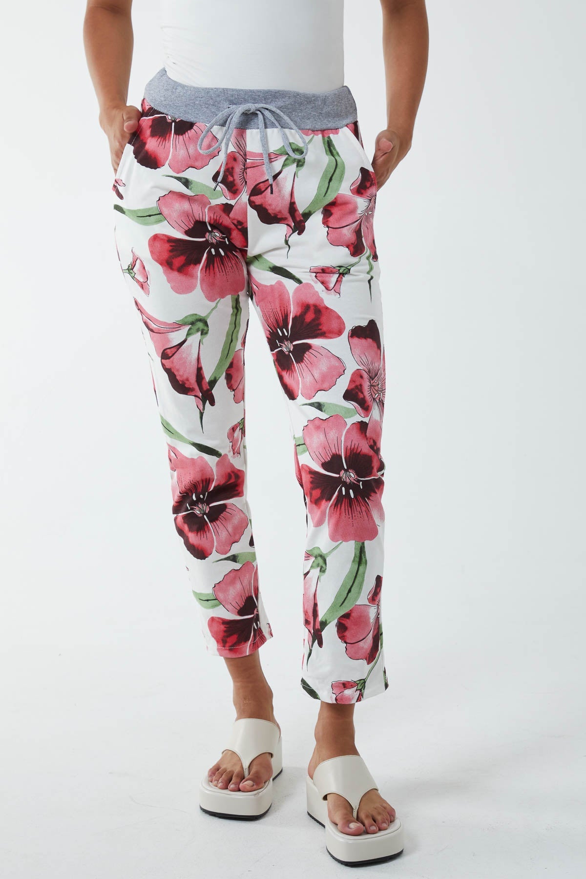 Hawaiian Flower Contrast Waist Trousers Trousers WearAll Coral One Size