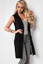 Plus Size Crepe Open Long Waistcoat Pocket Top cardigan WearAll Black 16