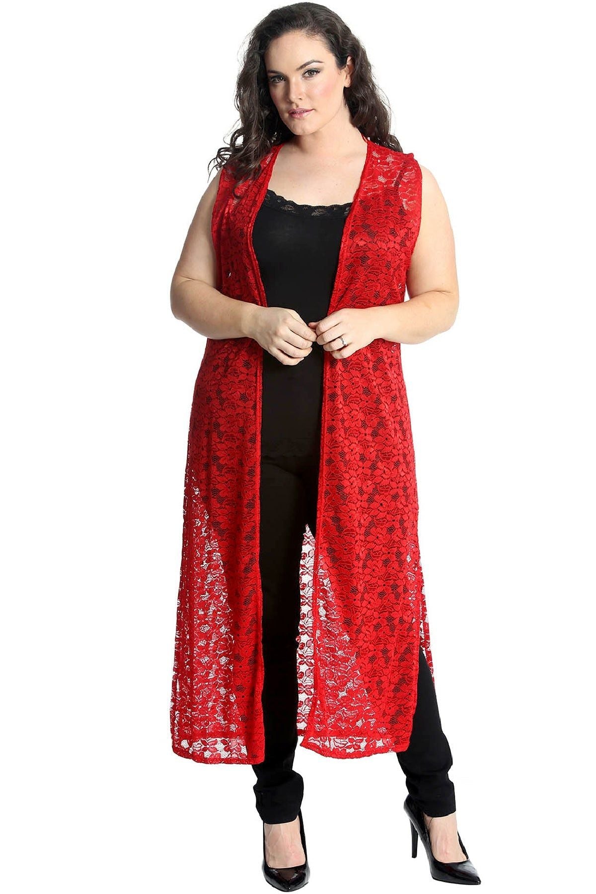 Floral Lace Open Top Long Cardigan Tops WearAll Red 14