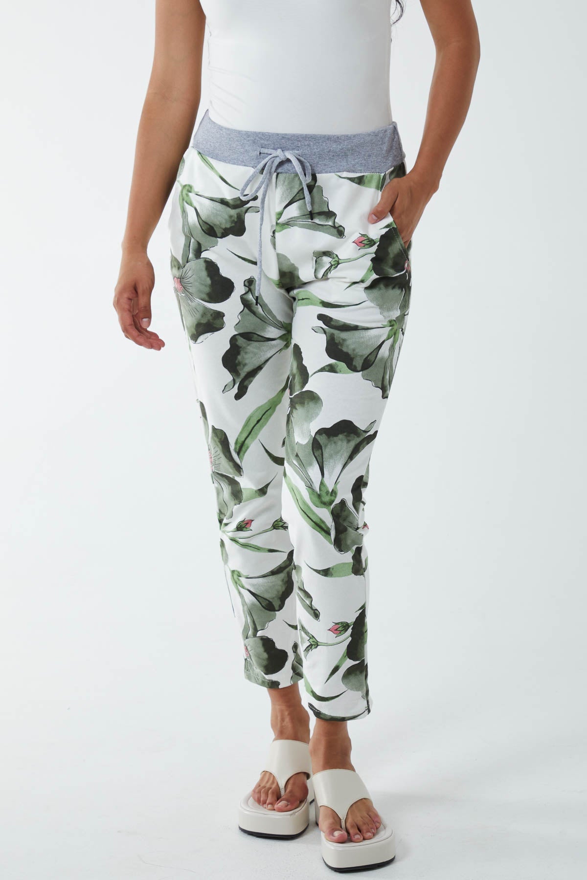 Hawaiian Flower Contrast Waist Trousers Trousers WearAll Khaki One Size