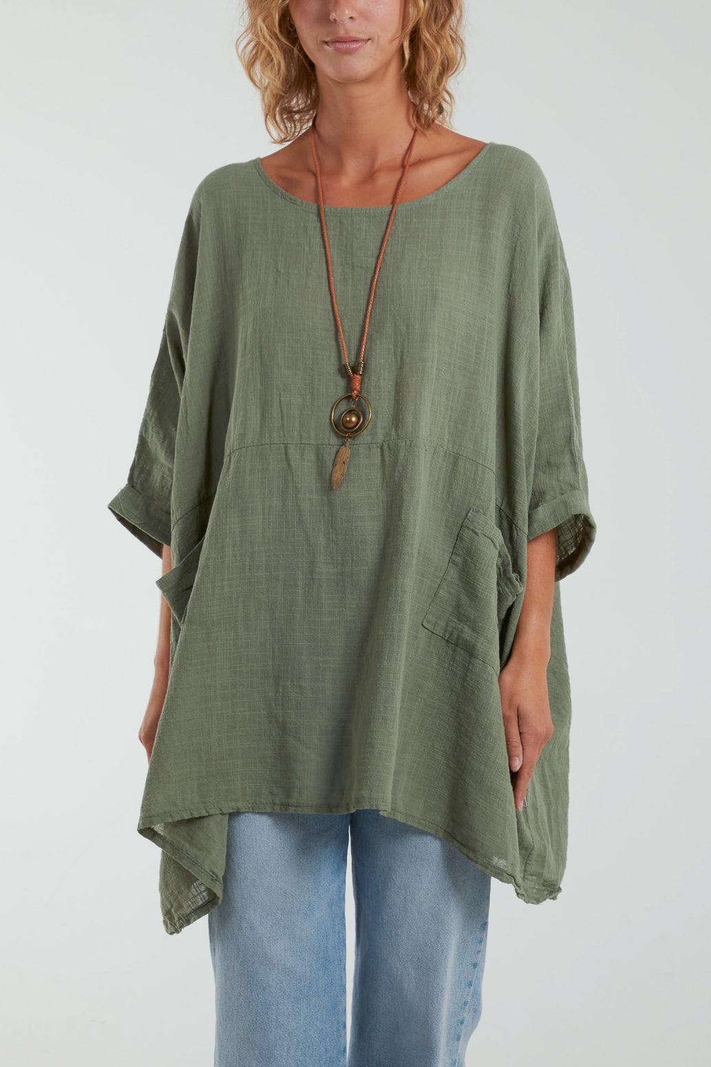 100% Cotton Oversized Pocket Necklace Top TOPMF2 WearAll Khaki One Size