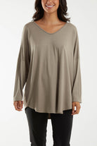 High Low Curved Hem Long Sleeve Top TOPMF2 WearAll Mocha One Size