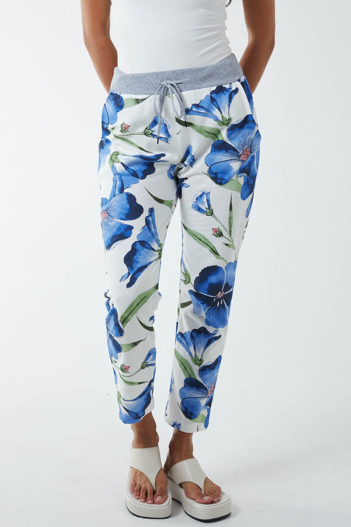 Hawaiian Flower Contrast Waist Trousers Trousers WearAll Royal Blue One Size