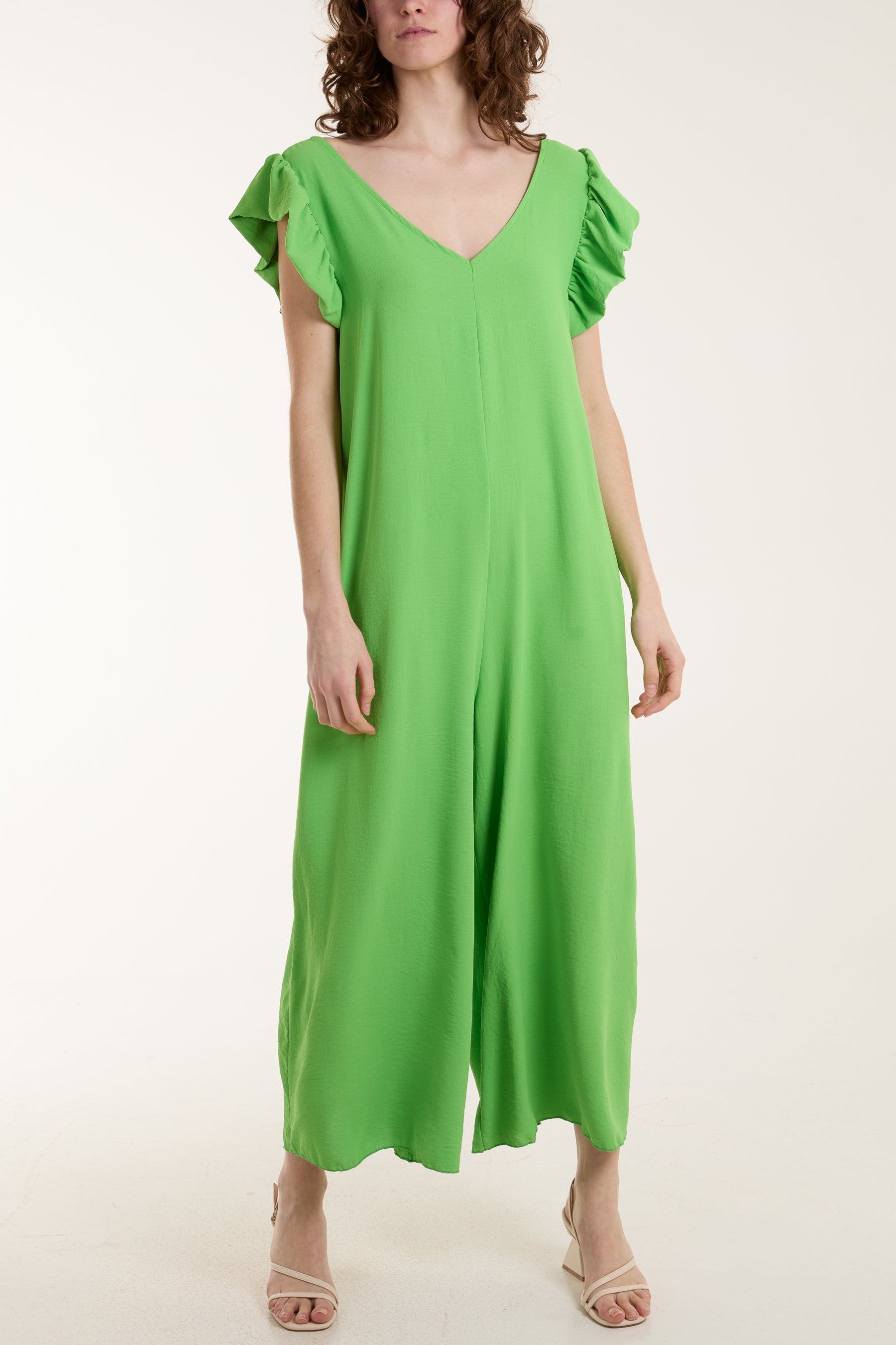 Ruffle Sleeve Wide Leg Jumpsuit Jumpsuits WearAll Apple Green One Size