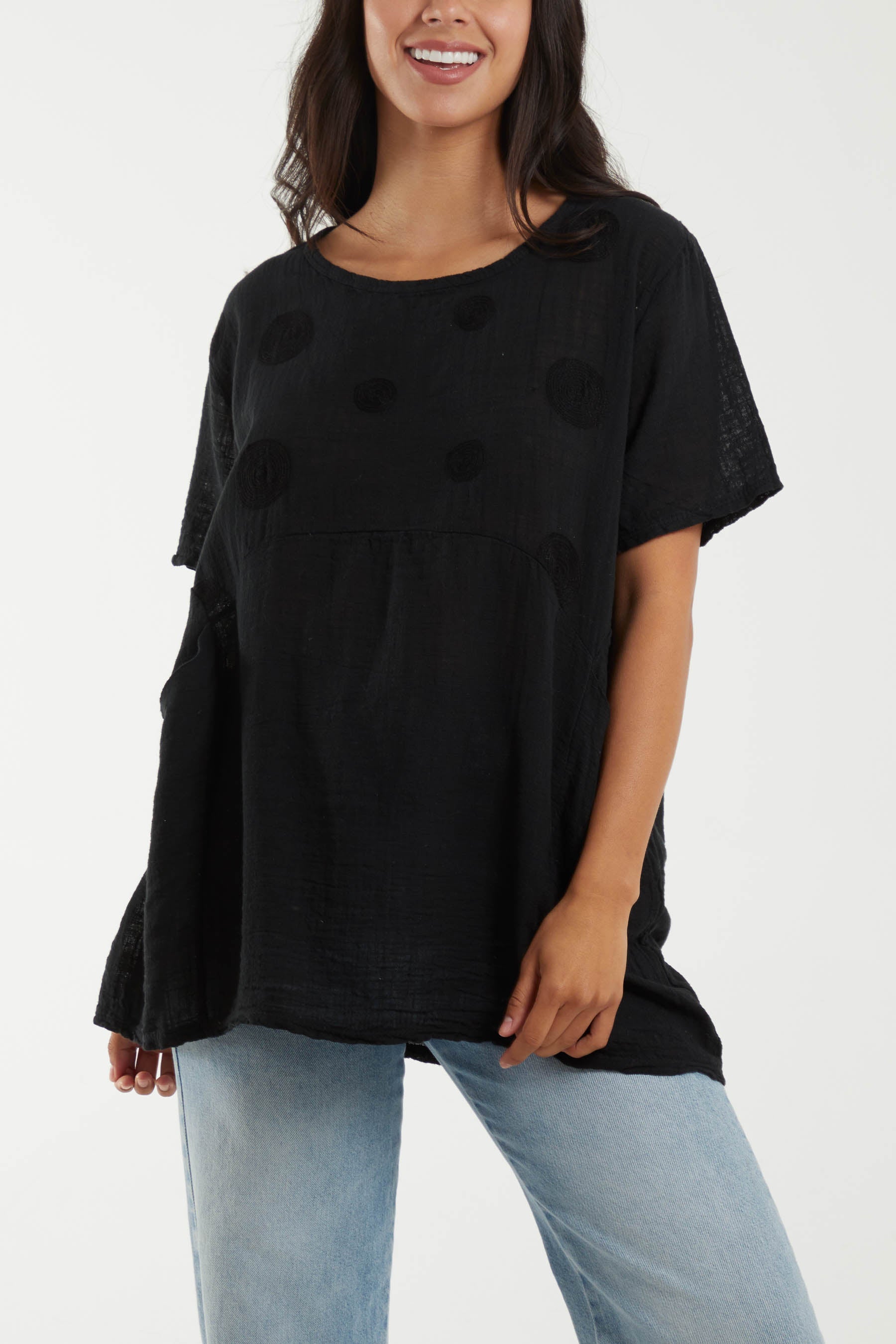 Embroidery Spirals Pocket Top Tops WearAll Black One Size