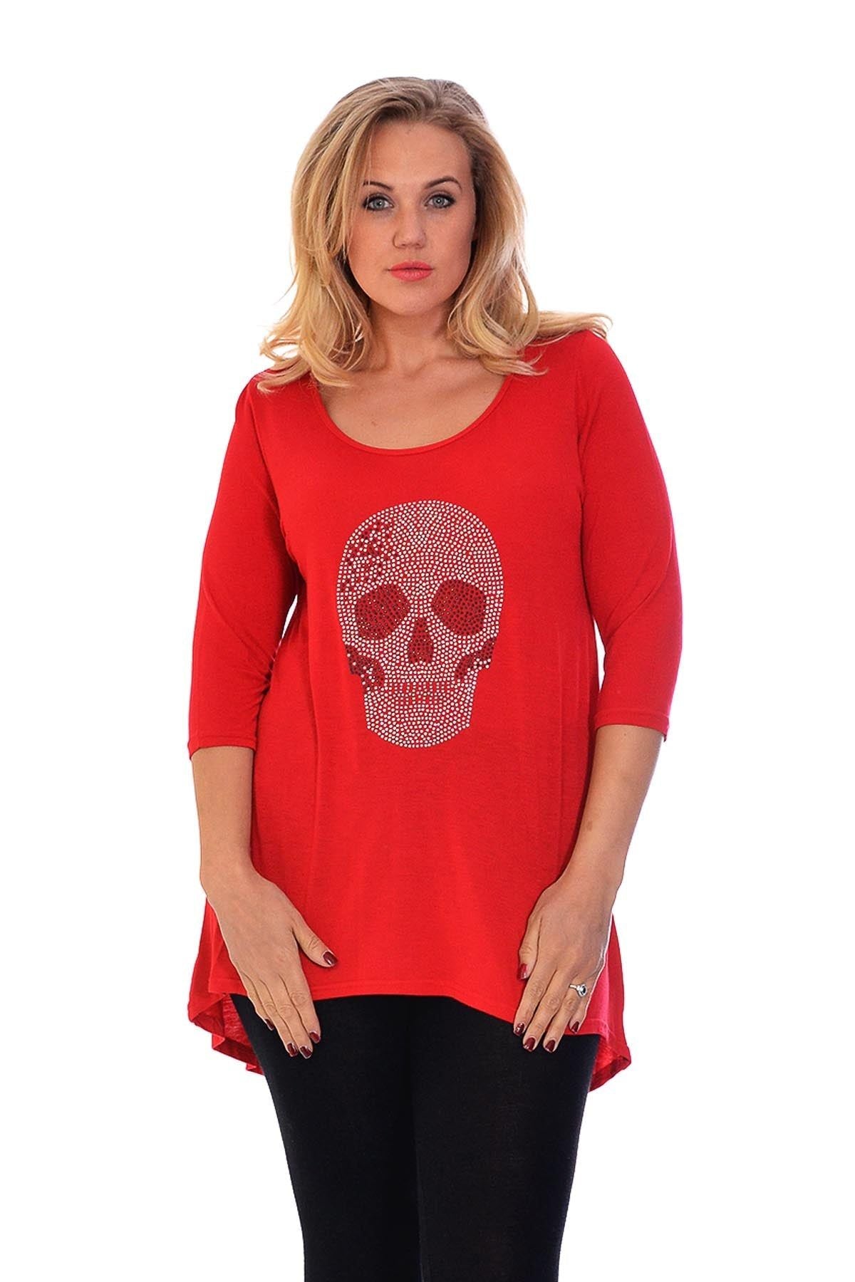Skull Tail Back Dip Hem Scoop Top Tops WearAll Red Silver 14
