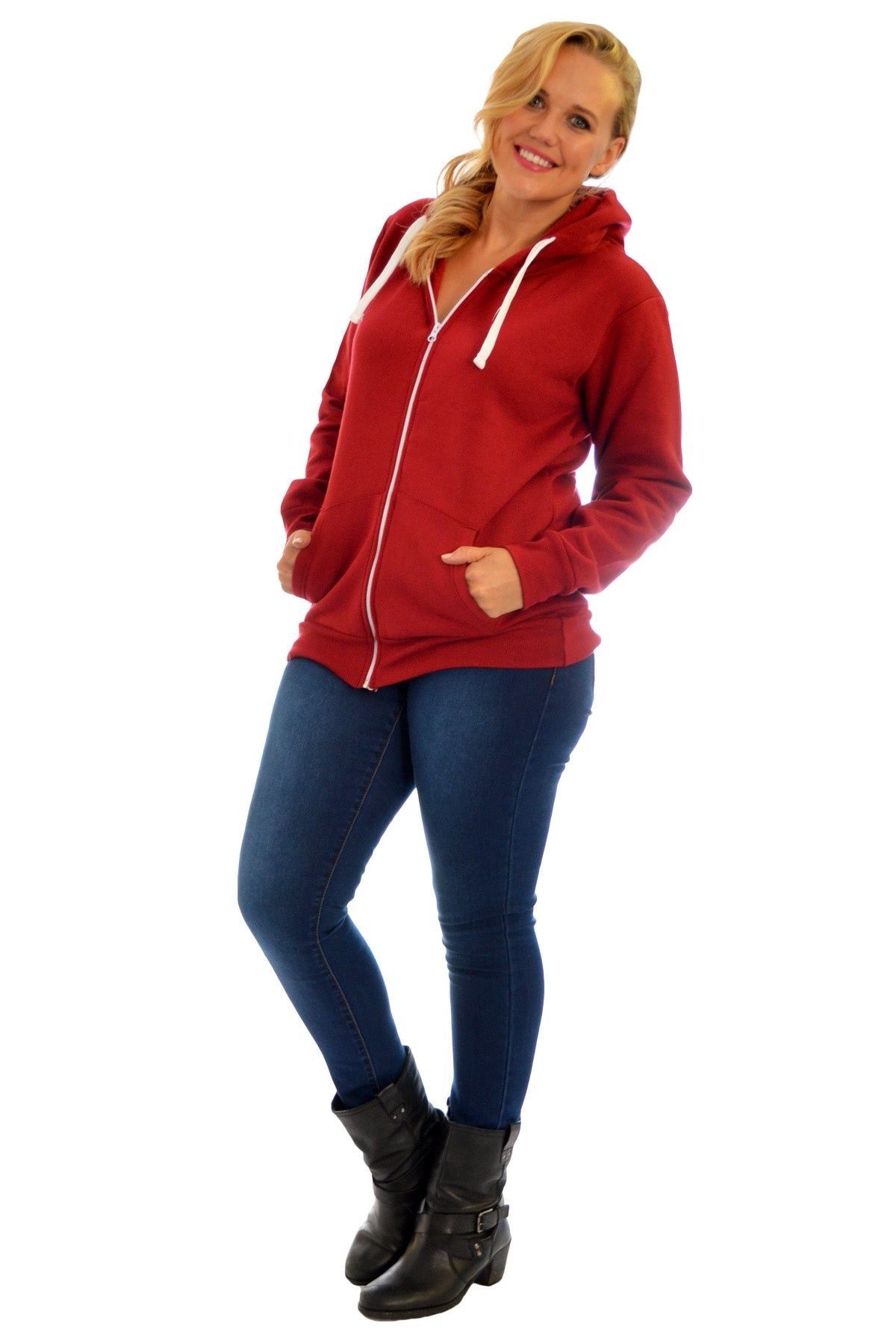 Plus Size Pocket Plain Zip Hoodie Tops WearAll