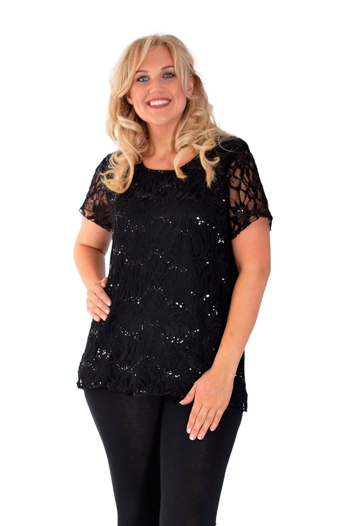 Lace Sequin Lined Top Tops WearAll Black 12-14