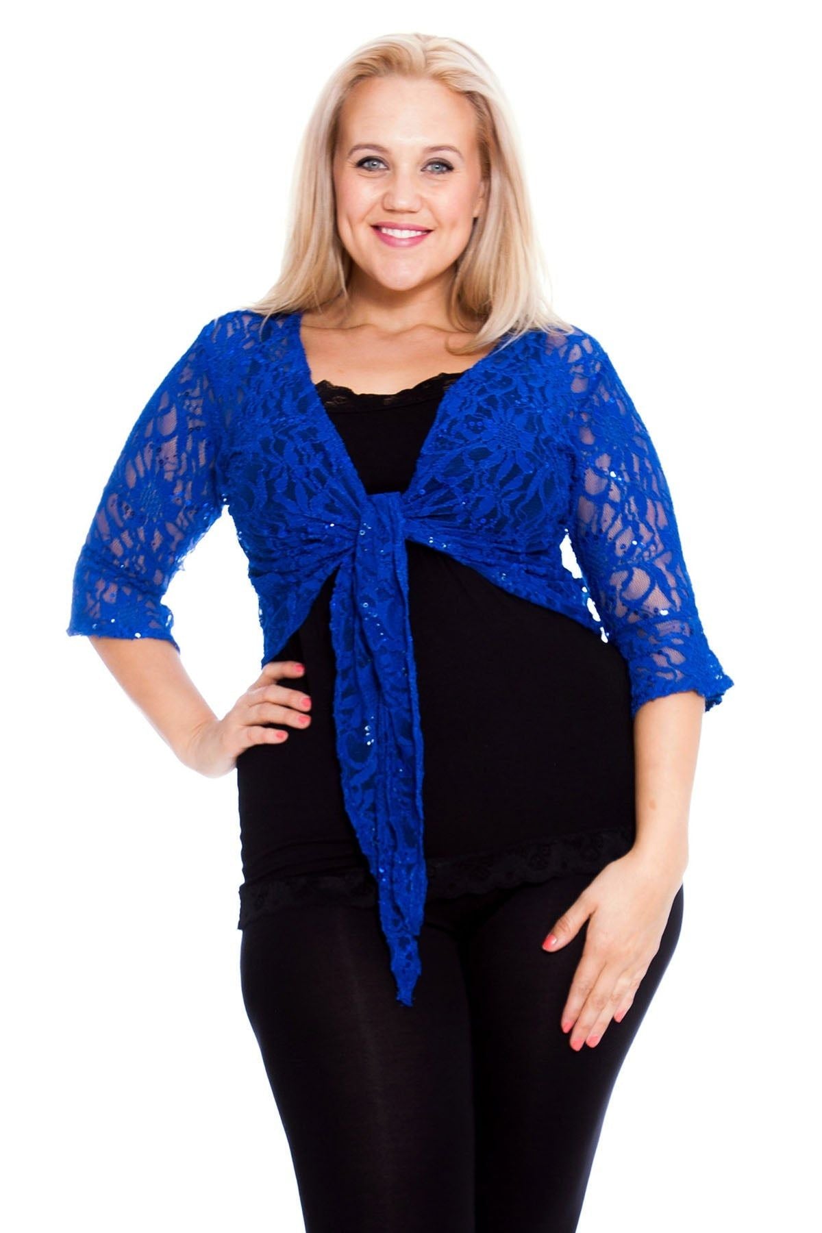 Sequin Lace Tie Up 3/4 Bell Sleeve Crochet Top Tops WearAll