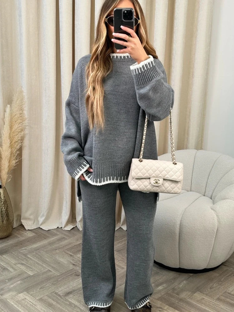 Loungewear Wavy Edge Round Neck Pullover & Wide Leg Pants Co-ord Loungewear WearAll Charcoal S