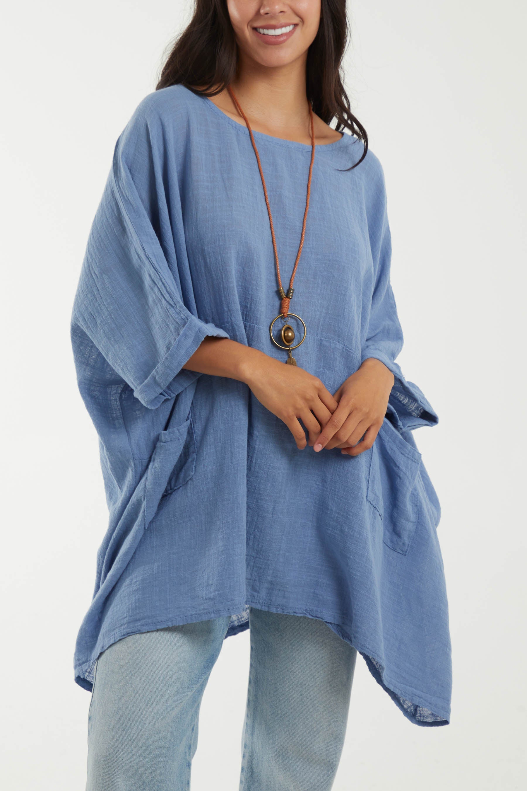 100% Cotton Oversized Pocket Necklace Top TOPMF2 WearAll Denim One Size