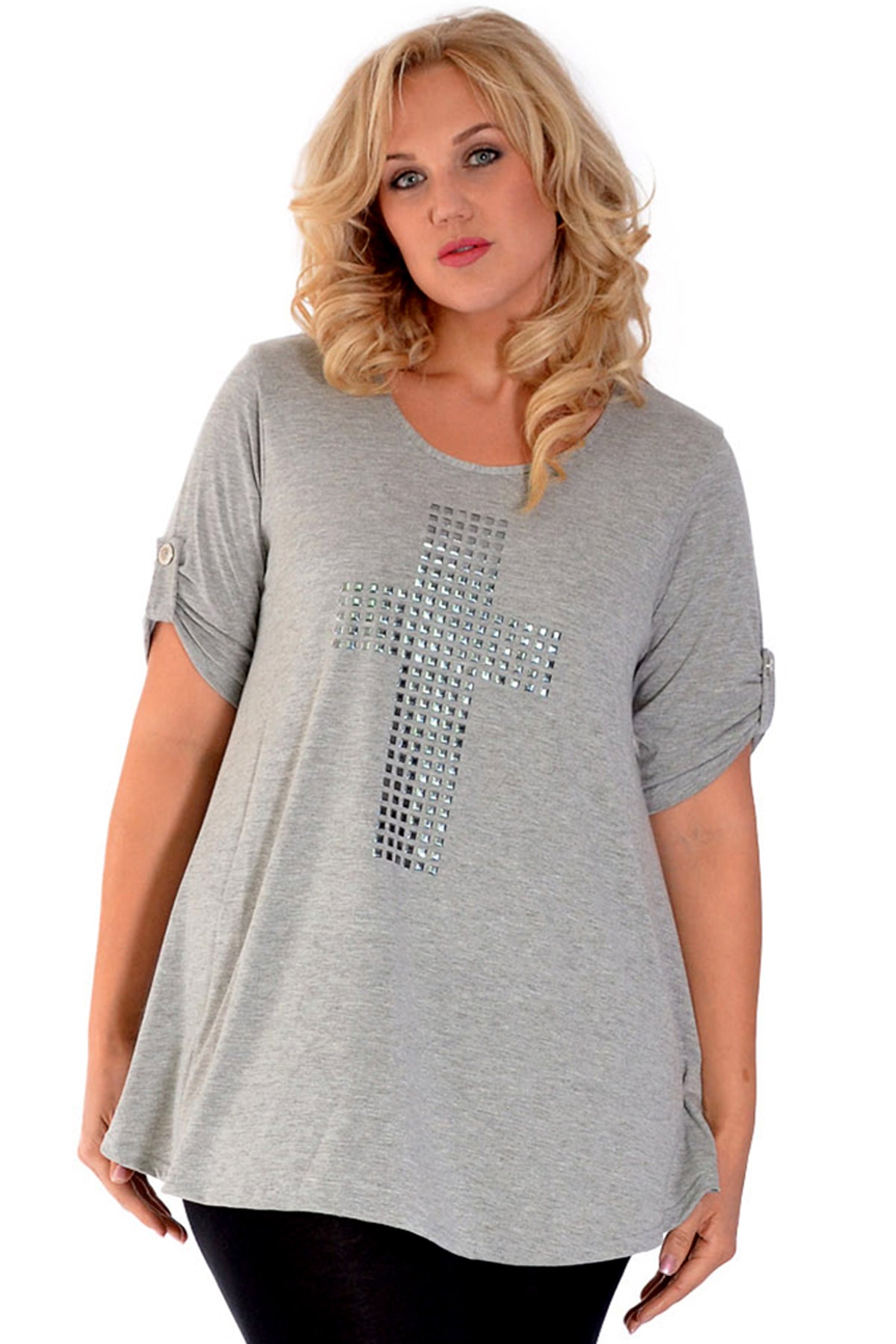 Cross Stud Short Sleeve Tunic Top Tops WearAll Light grey 14
