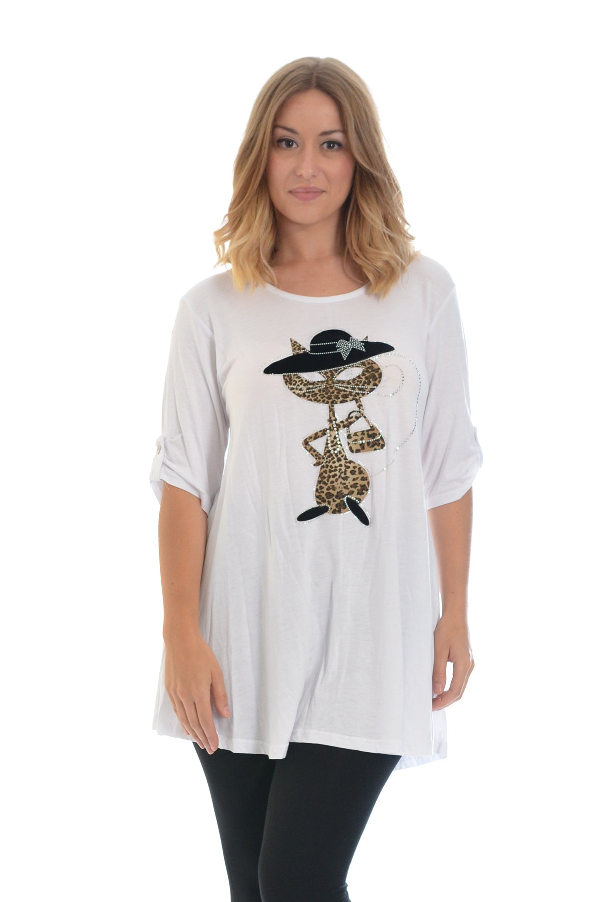 Cat Animal Print Short Sleeve Top Tops WearAll White 14