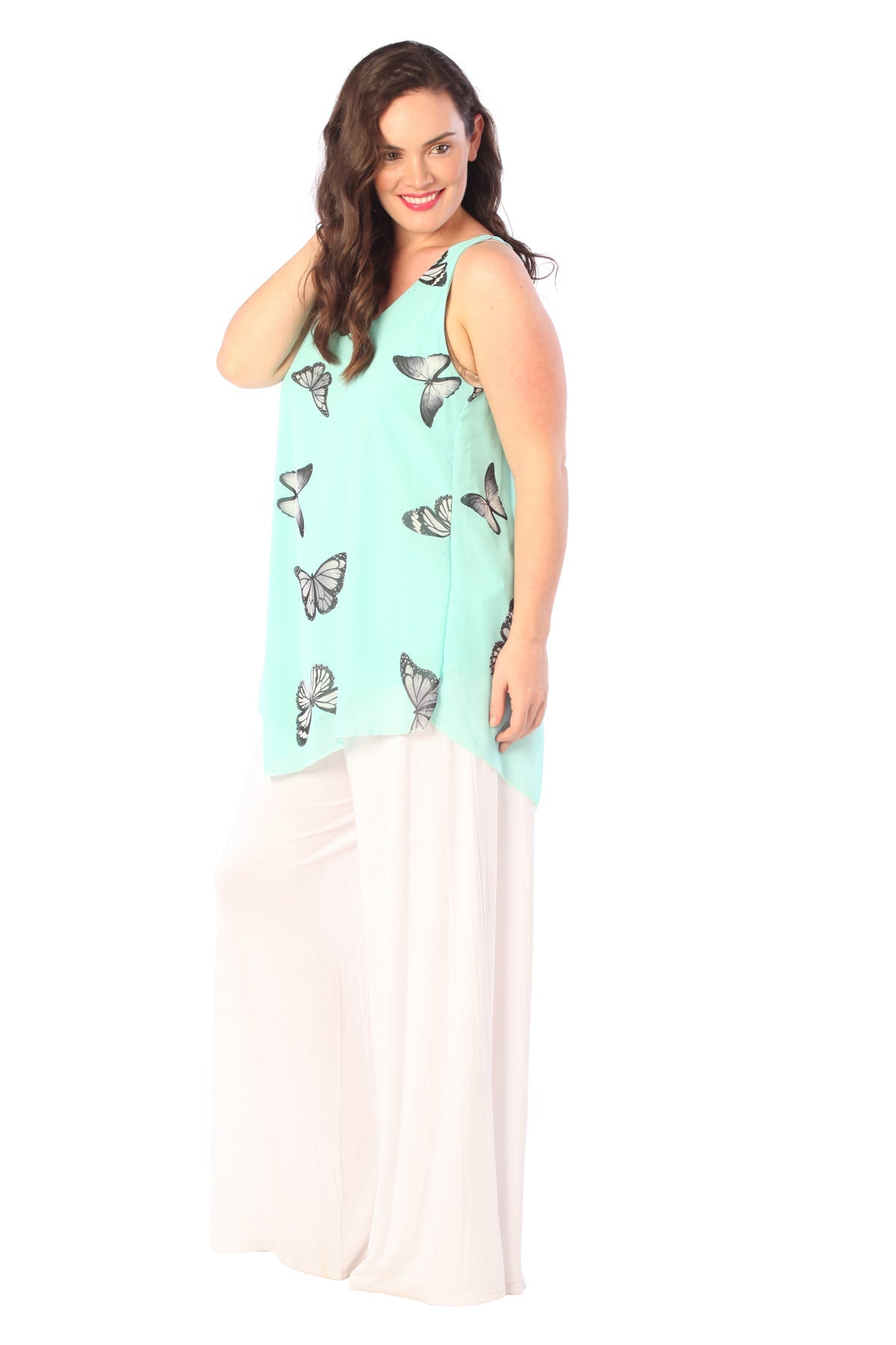 Chiffon Butterfly Print Lined Vest Top Tops WearAll