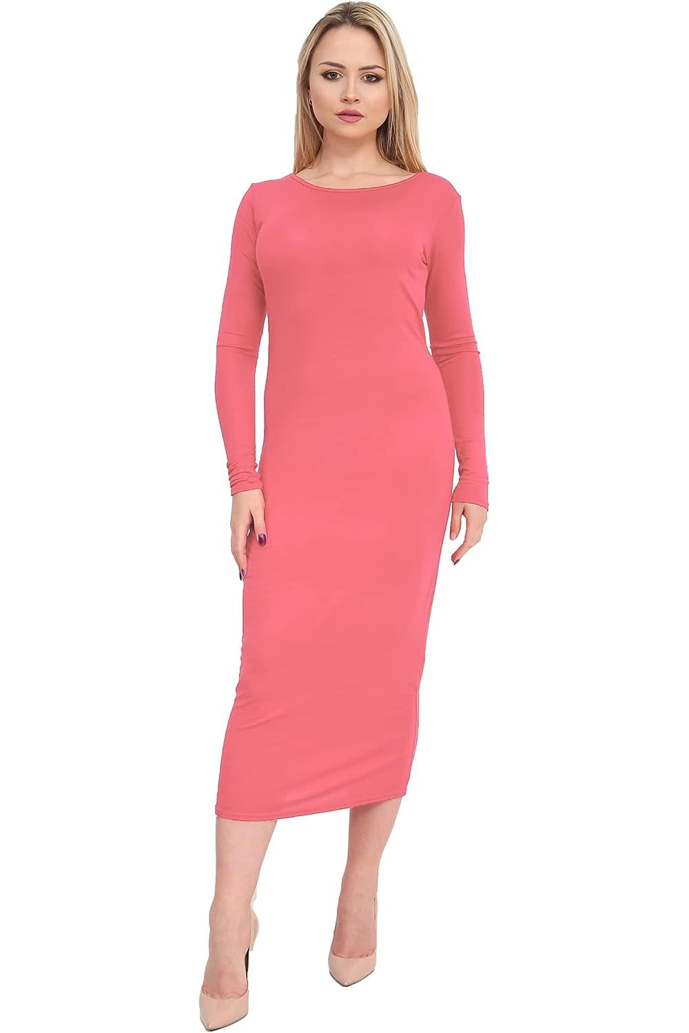 Bodycon Stretch Plain Midi Dress Dress WearAll Coral 8-10