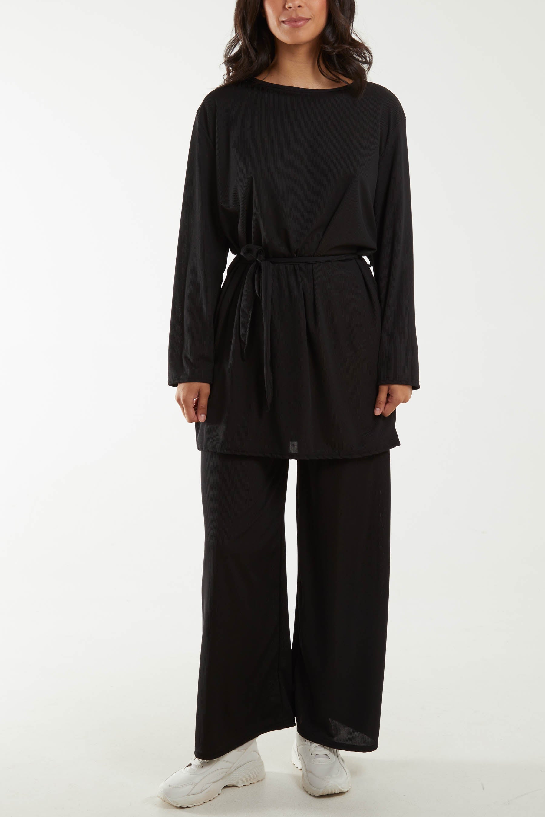 Tied Front Top & Trousers Belted Set Co-Ords WearAll Black One Size