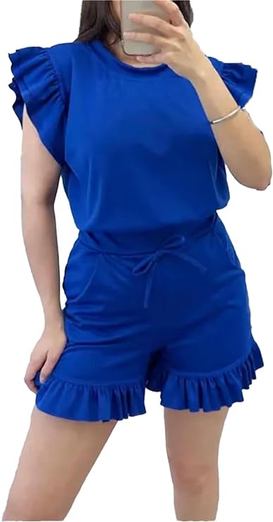 FRILL CO-ORD SHORT SET Loungewear WearAll Royal Blue 16-18