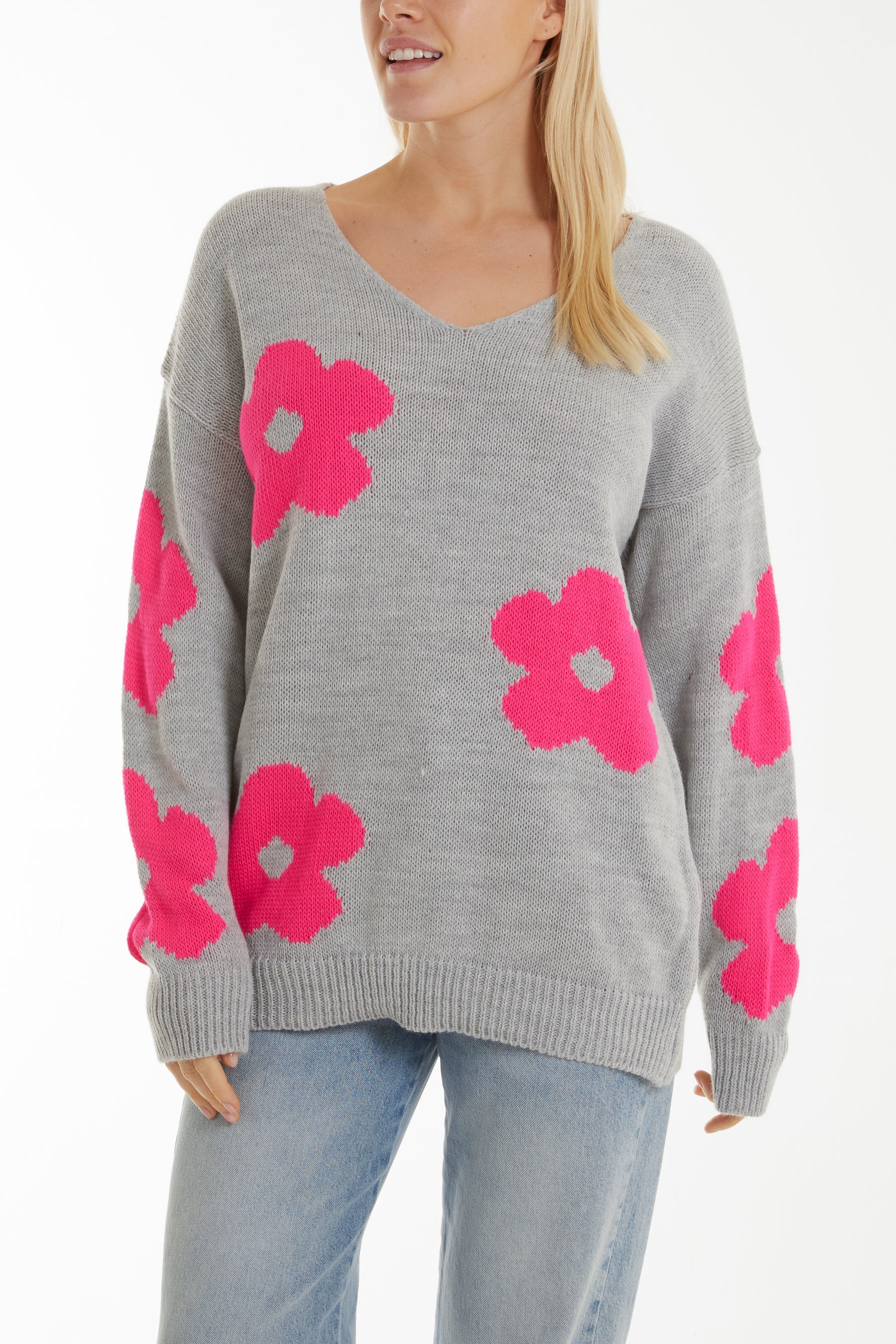 V-Neck Flower Jacquard Jumper Jumpers WearAll Fuchsia One Size