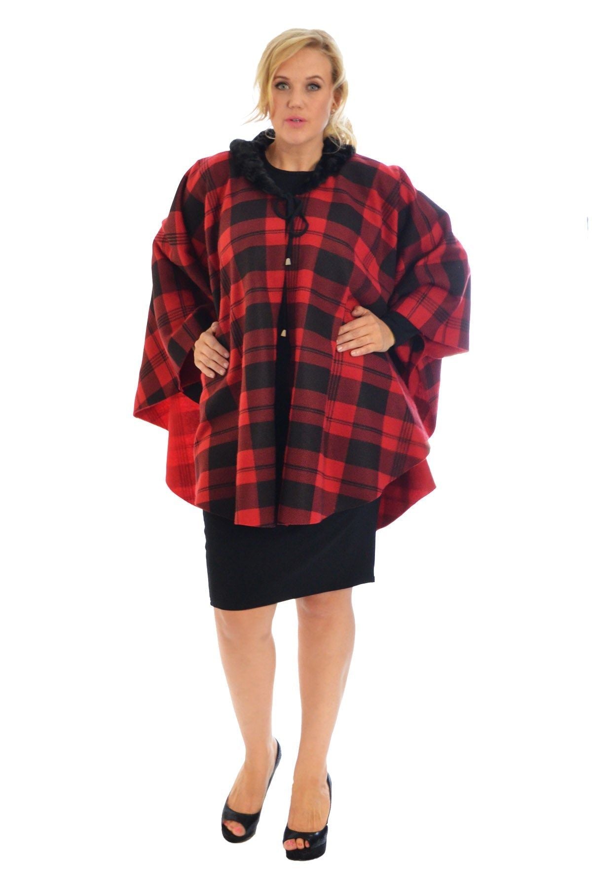 Faux Fur Check Tartan Cape Shawl Poncho Tops WearAll