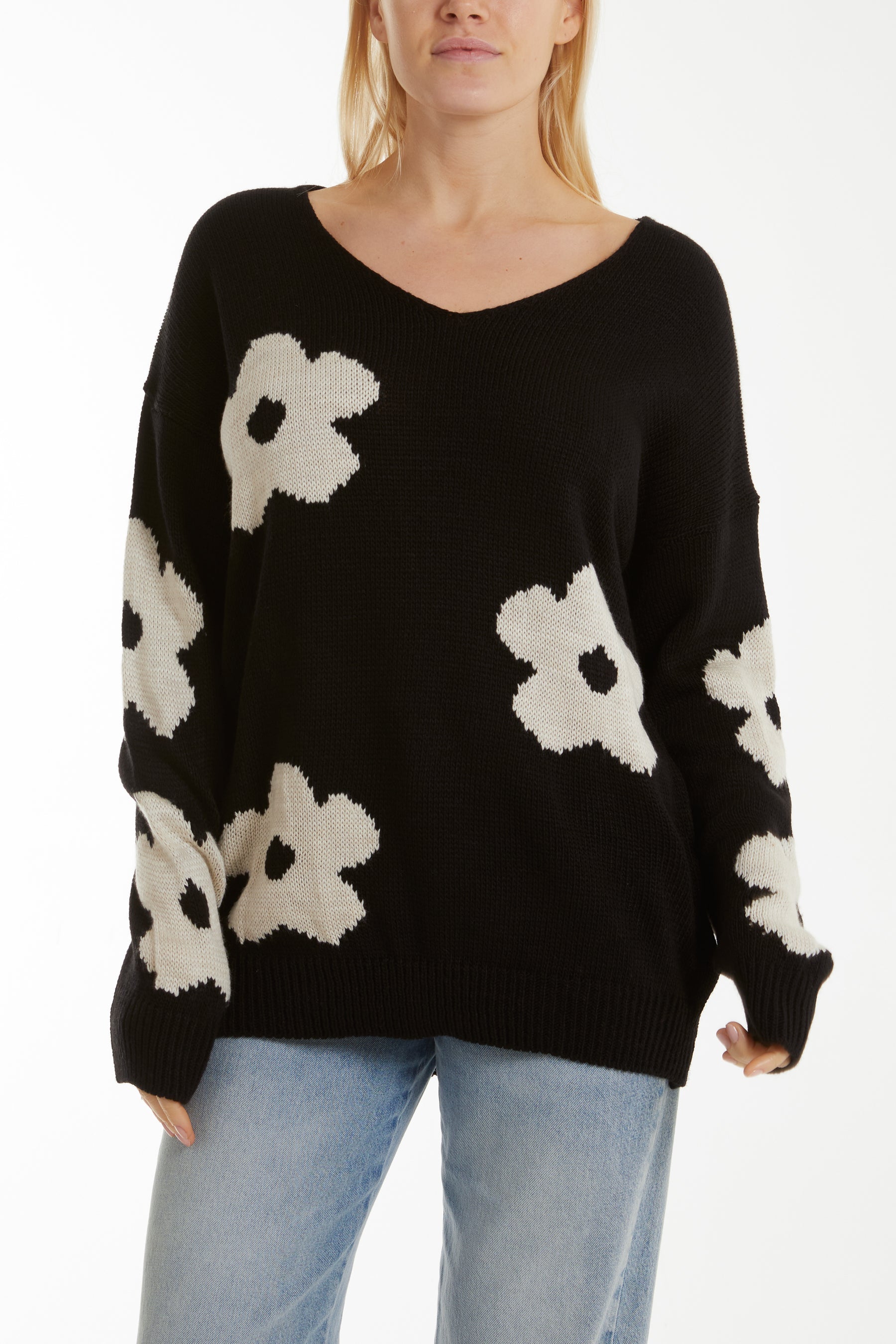 V-Neck Flower Jacquard Jumper Jumpers WearAll Stone One Size