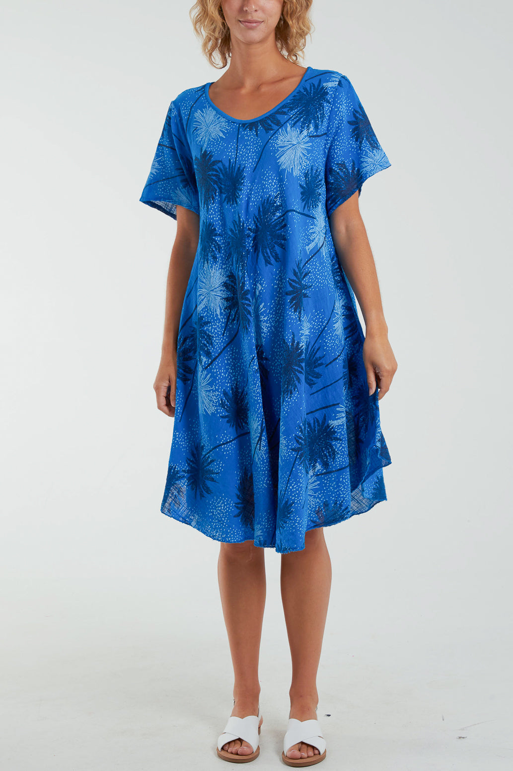 Palm Tree Short Sleeve Midi Dress Dresses WearAll Royal Blue One Size