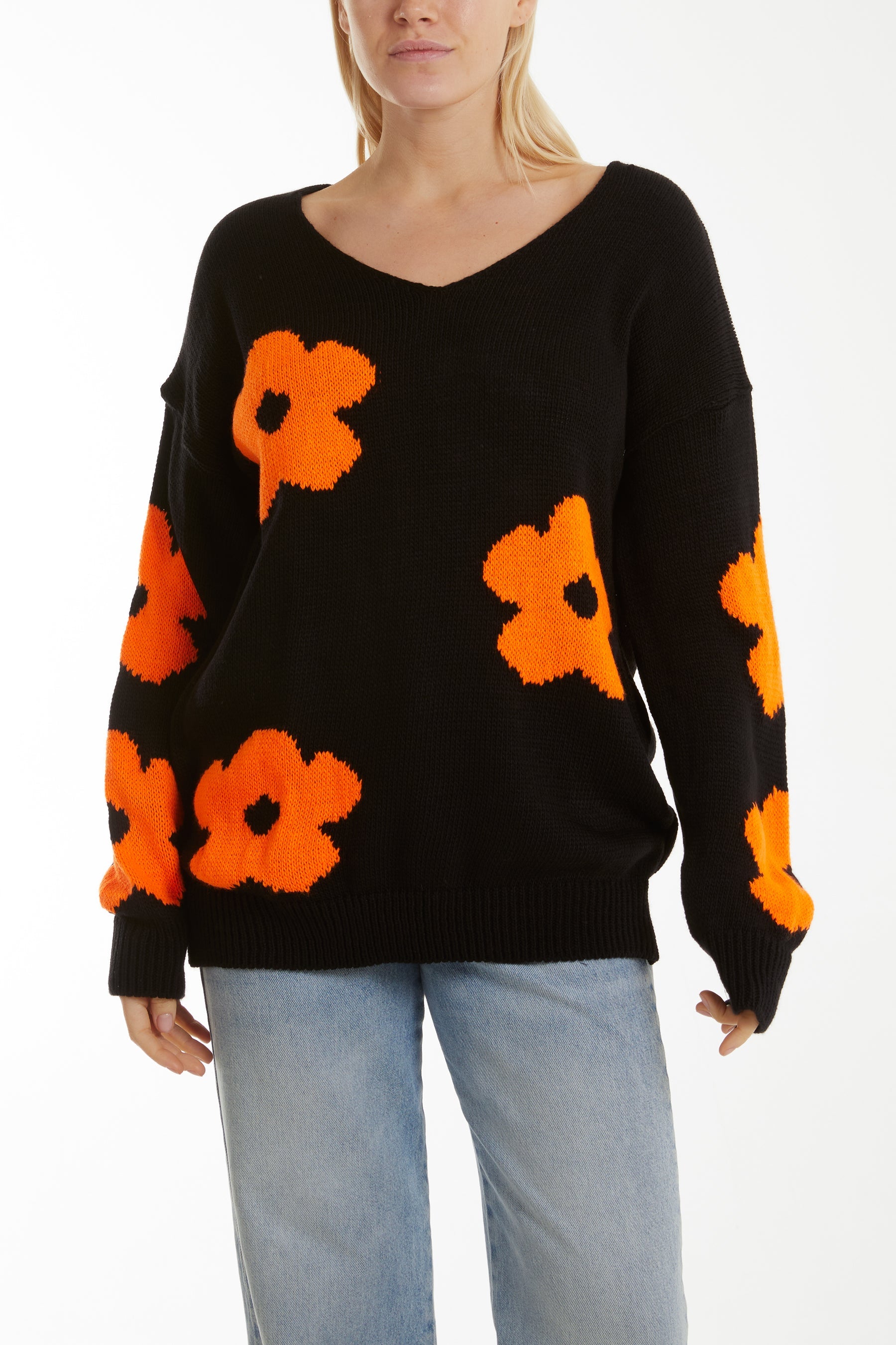 V-Neck Flower Jacquard Jumper Jumpers WearAll Orange One Size