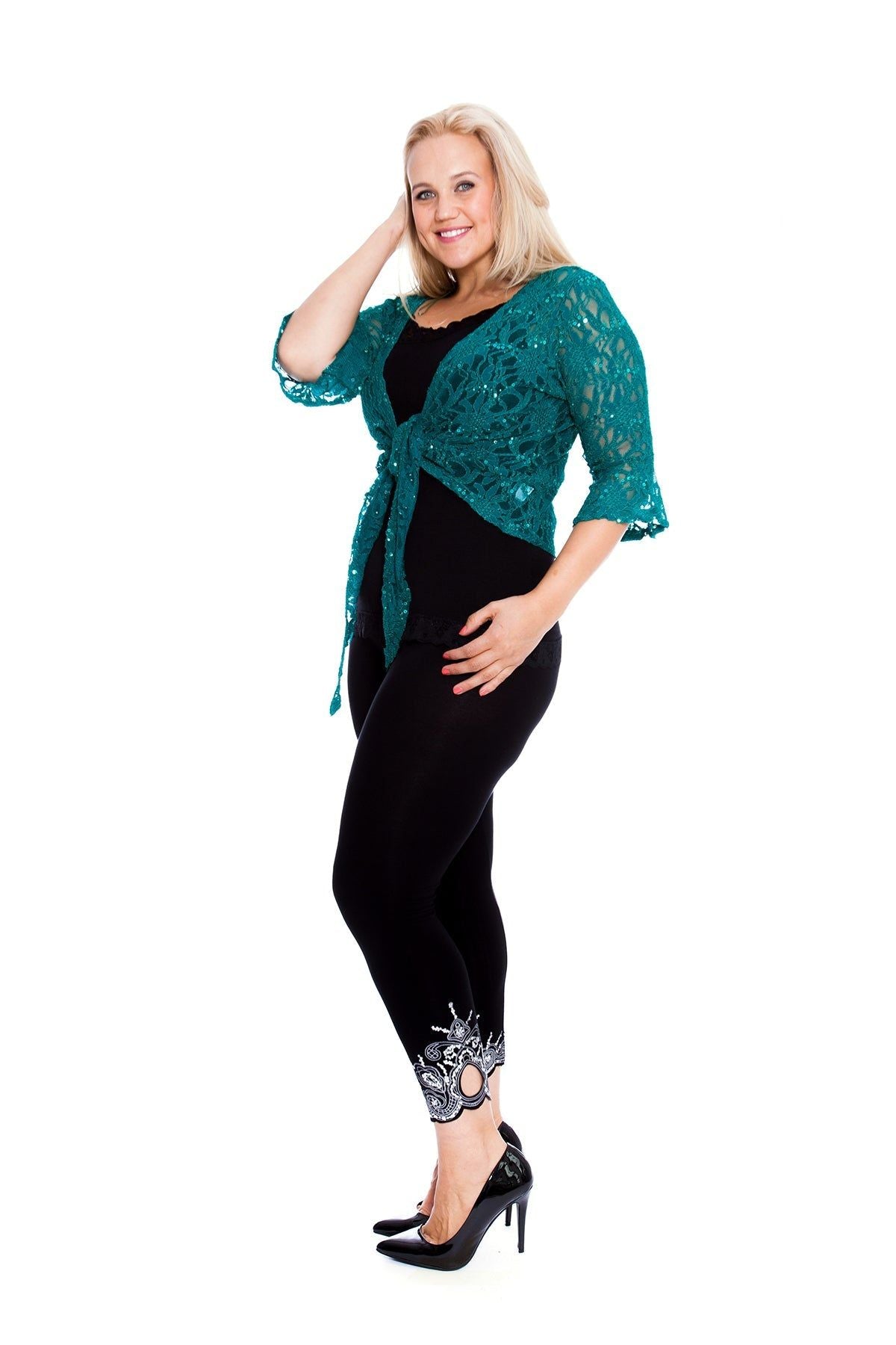 Plus SIze Sequin Lace Tie Up 3/4 Bell Crochet Top Tops WearAll