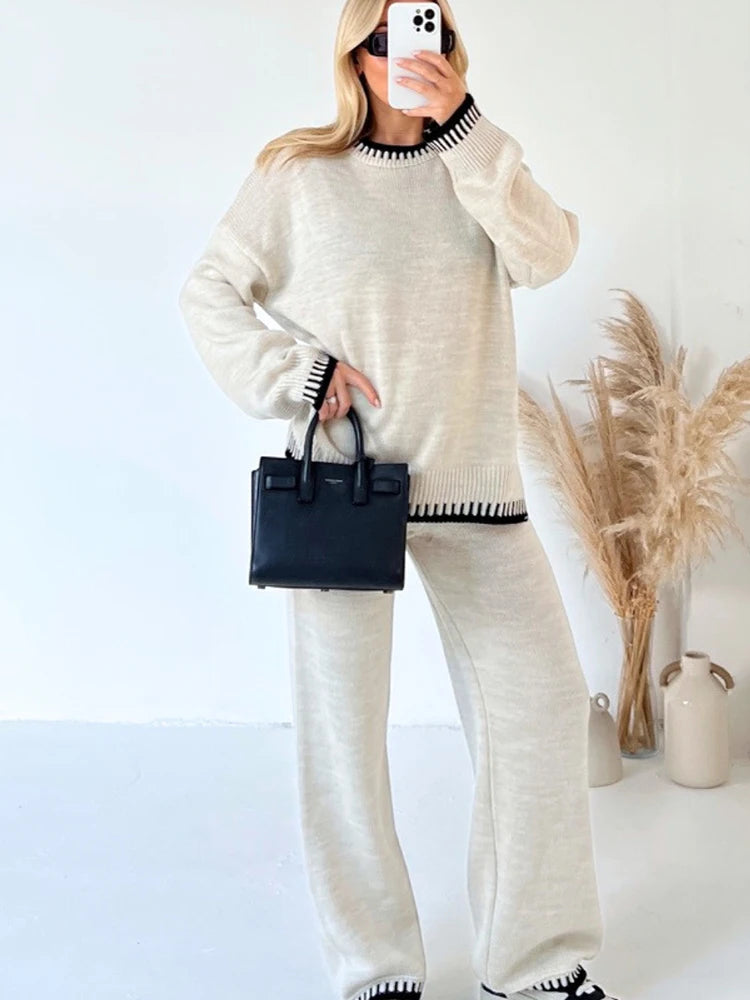 Loungewear Wavy Edge Round Neck Pullover & Wide Leg Pants Co-ord Loungewear WearAll Cream S