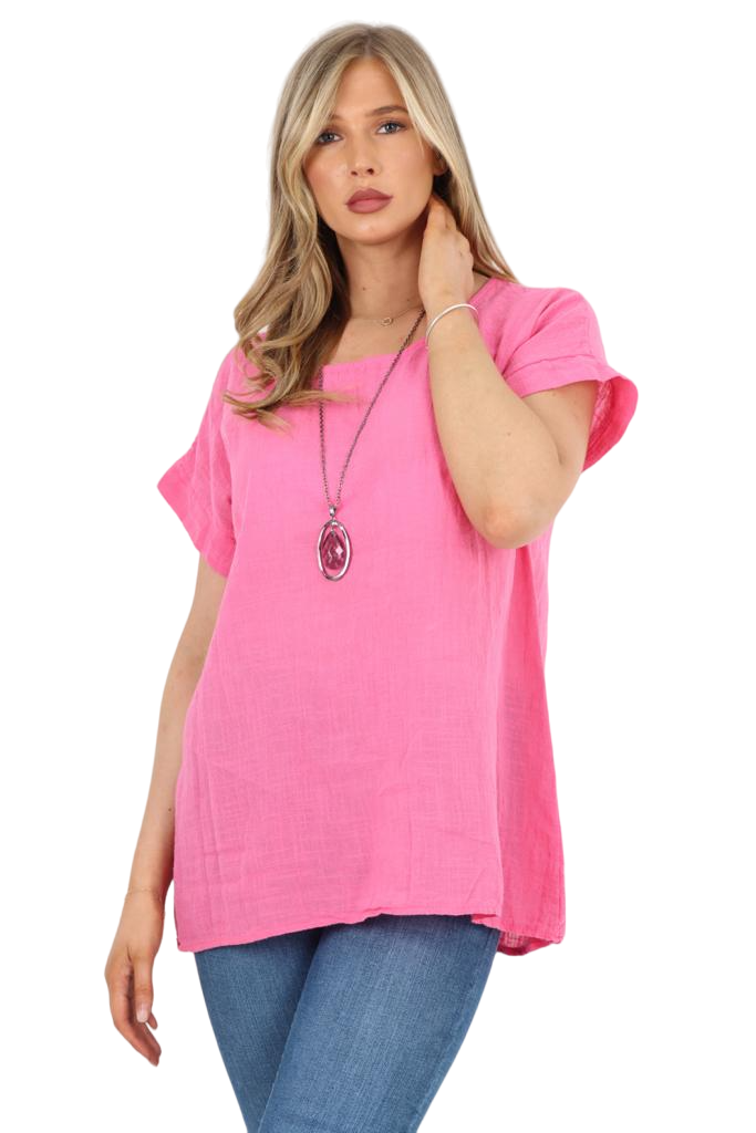 Italian Short Sleeve Necklace Top Tops WearAll Cerise 8-10