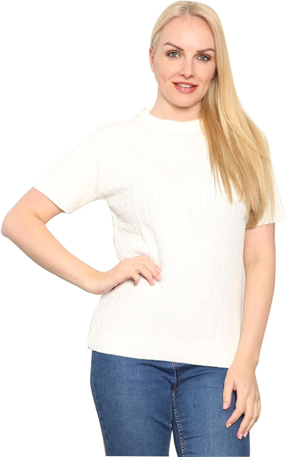 Short Sleeve Knitted Cable Jumper Jumper WearAll Cream 8-10