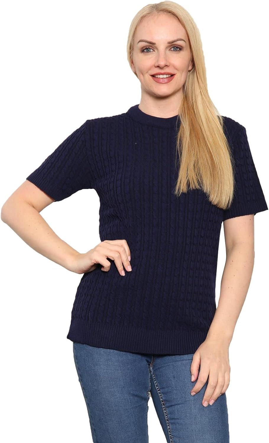 Short Sleeve Knitted Cable Jumper Jumper WearAll Navy 8-10