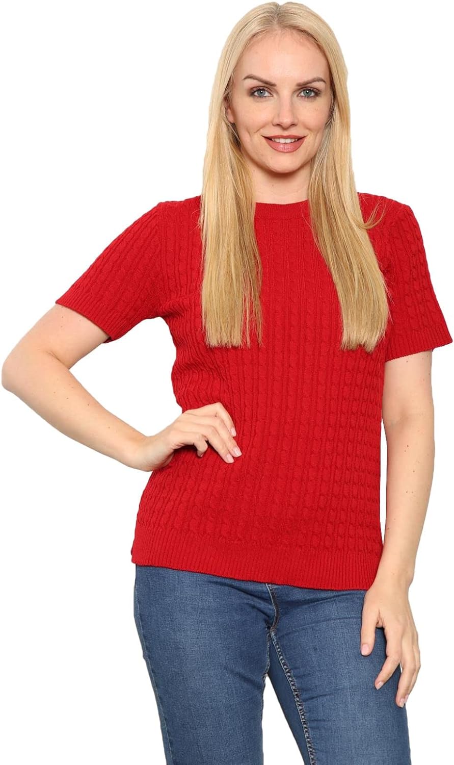 Short Sleeve Knitted Cable Jumper Jumper WearAll Red 8-10