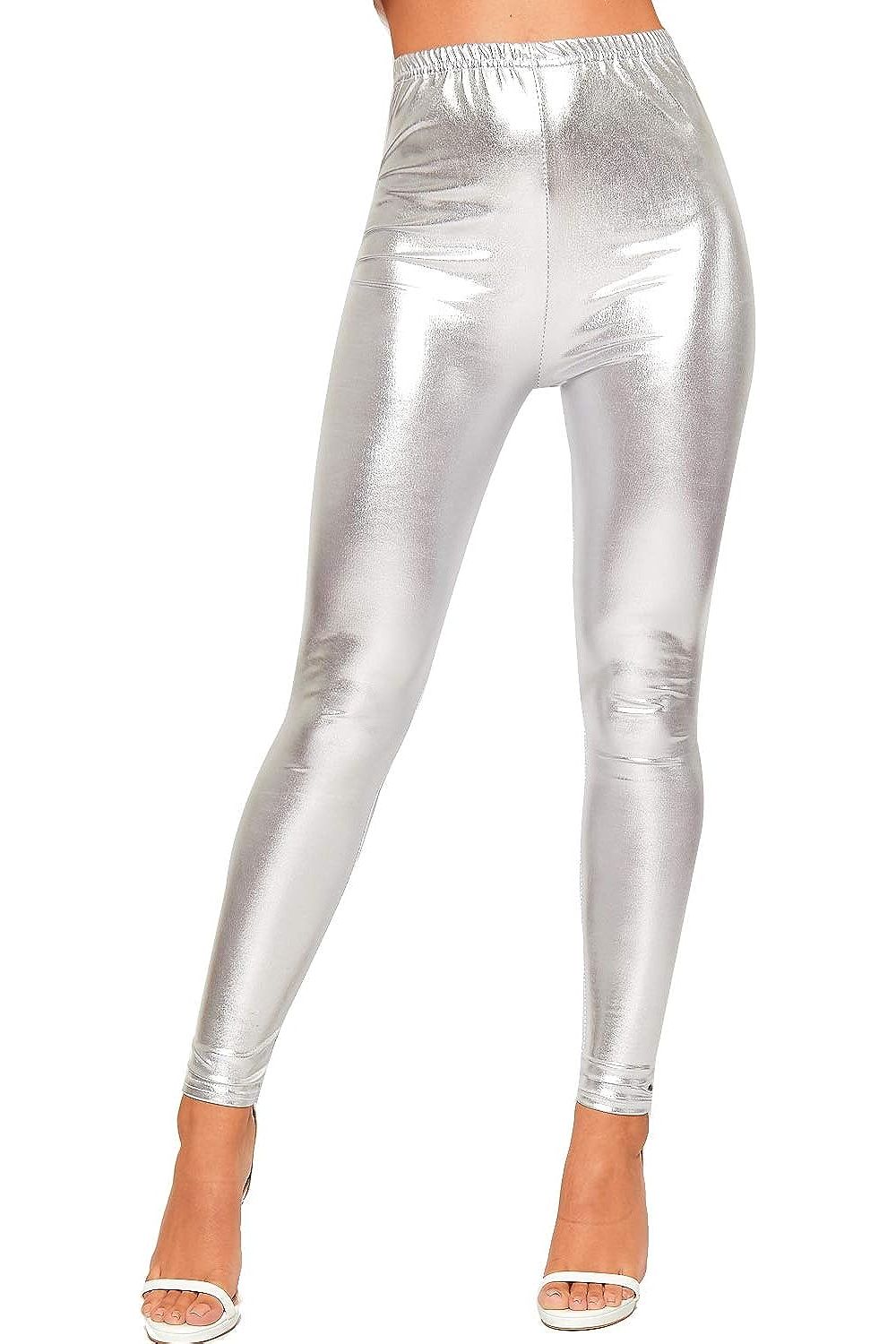 Shiny Metallic Print High Waisted Disco Leggings Leggings WearAll