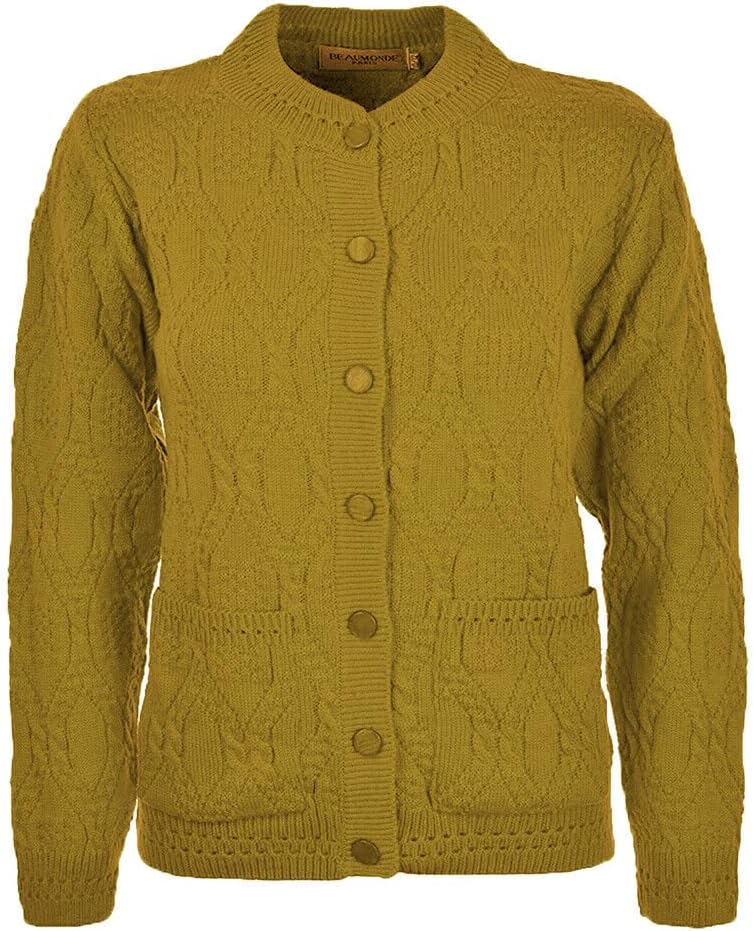 Knitted Crew Neck Pocket Front Button Cardigan Cardigans WearAll Mustard 10-12