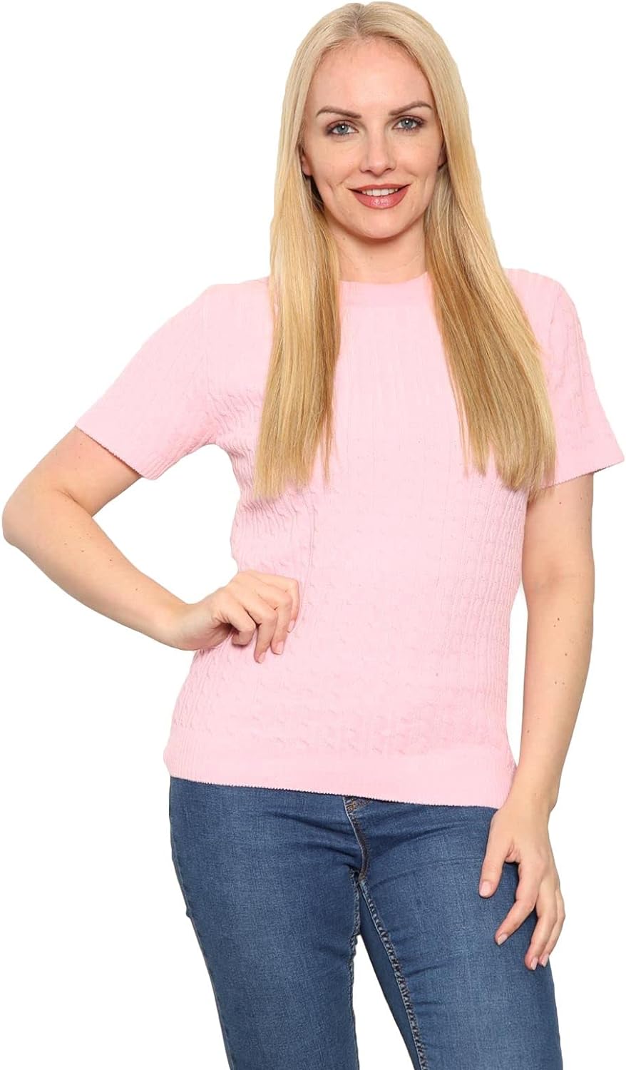 Short Sleeve Knitted Cable Jumper Jumper WearAll Baby Pink 8-10