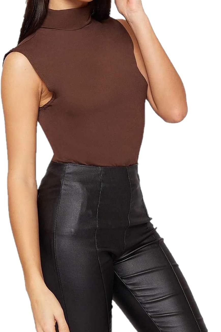 Plus Size Polo Neck Plain Vest Turtle Top Tops WearAll Dark Brown 16-18
