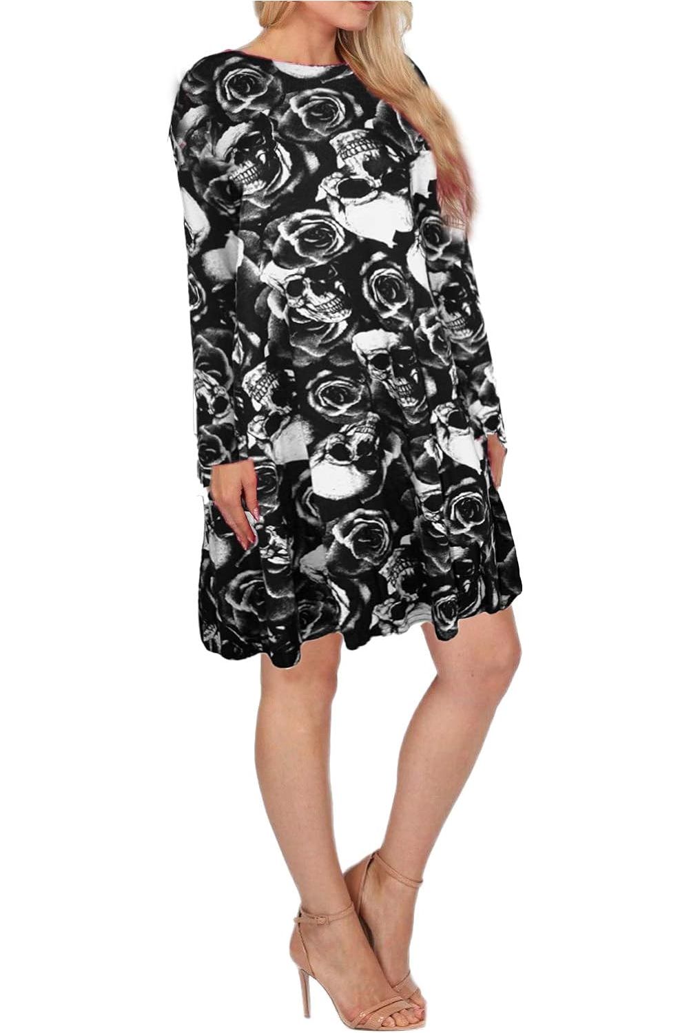 Skull Rose Print Long Sleeve Swing Dress Top Dress WearAll Skull Rose 8-10