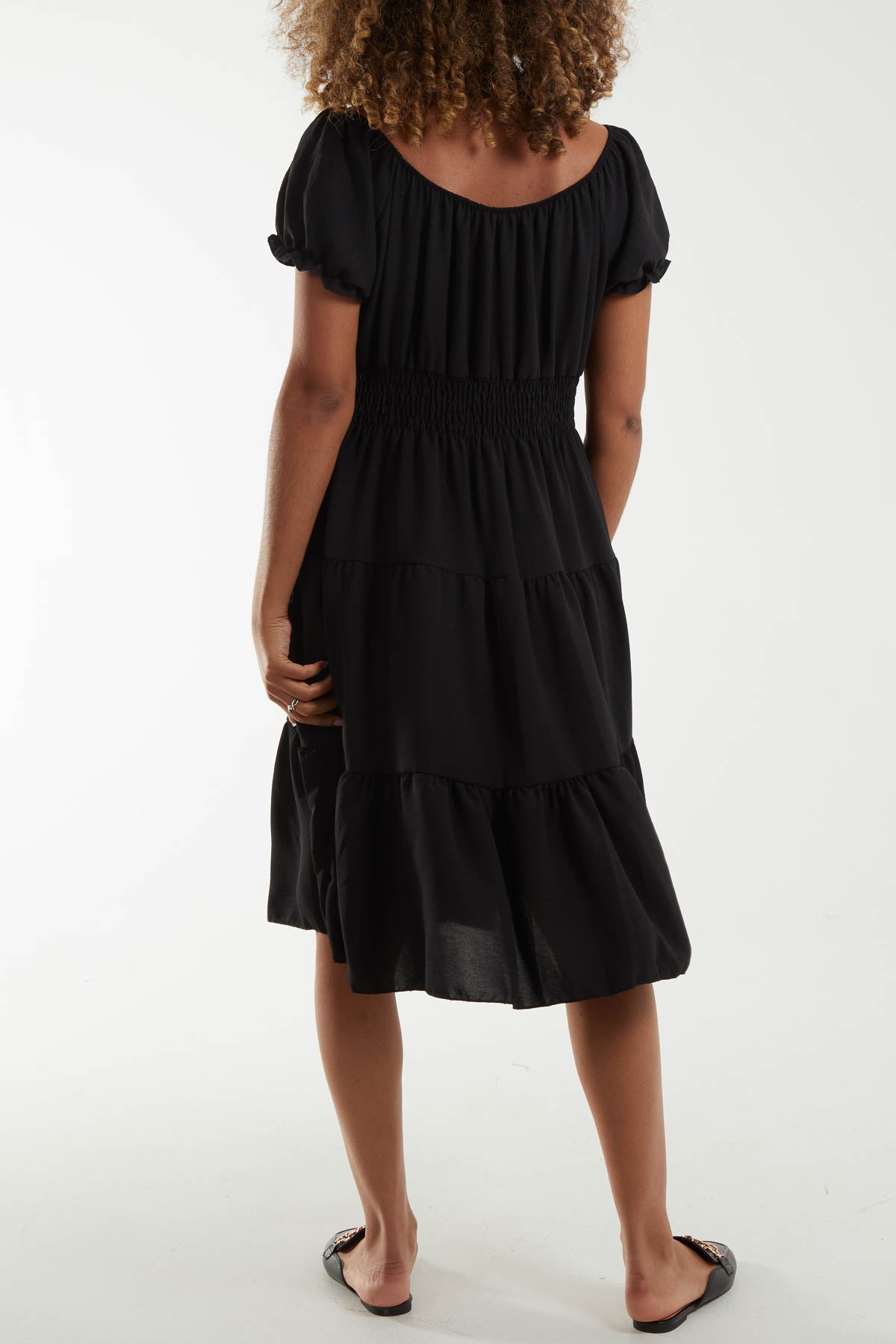 Bardot Shirred Bodice Tiered Dress Dresses WearAll