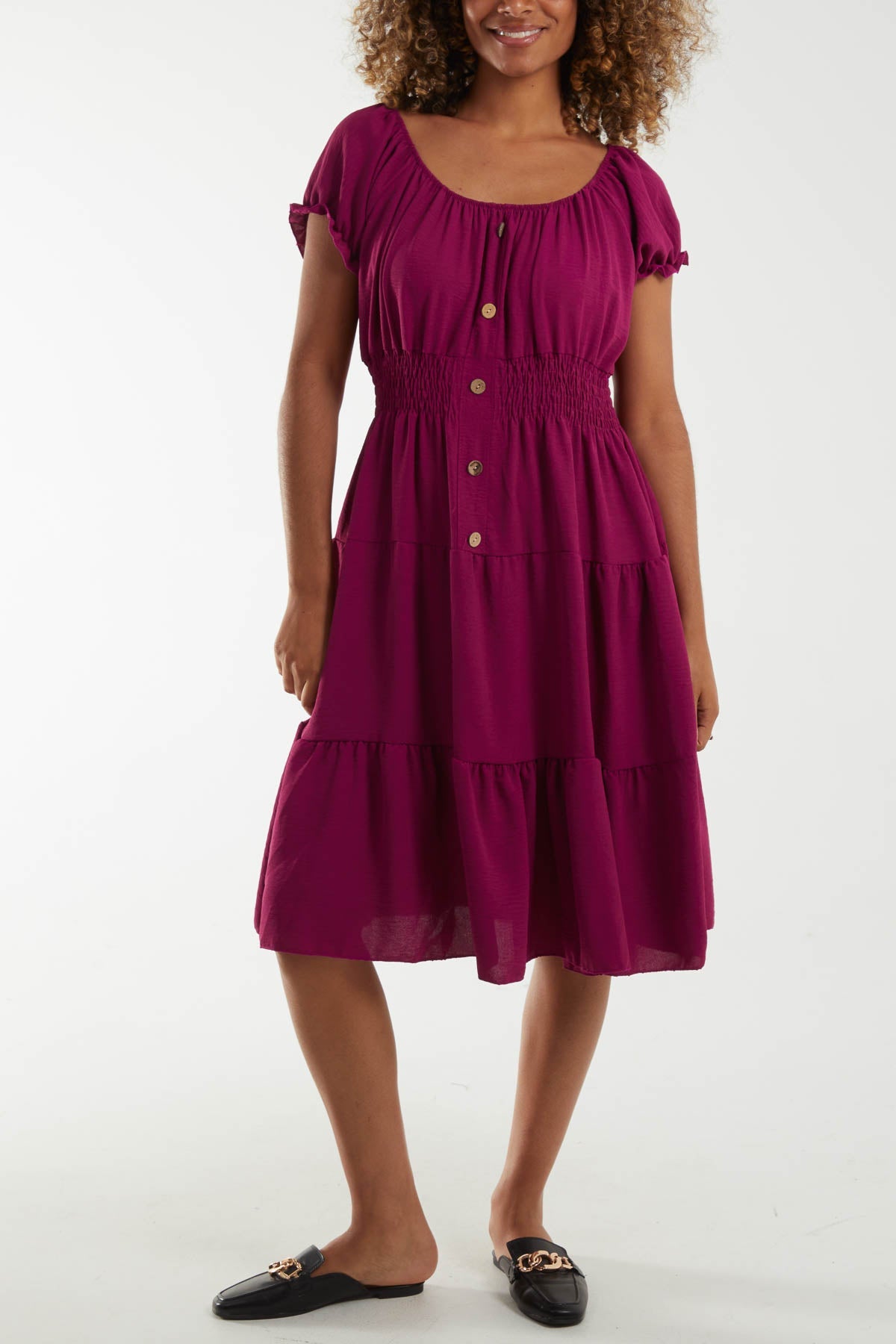 Bardot Shirred Bodice Tiered Dress Dresses WearAll Magenta One Size