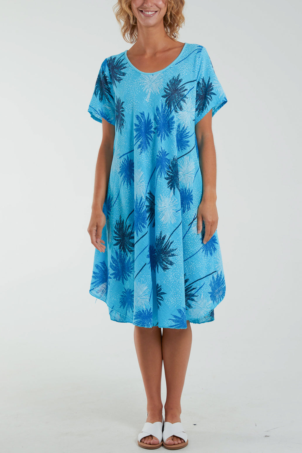 Palm Tree Short Sleeve Midi Dress Dresses WearAll Turquoise One Size